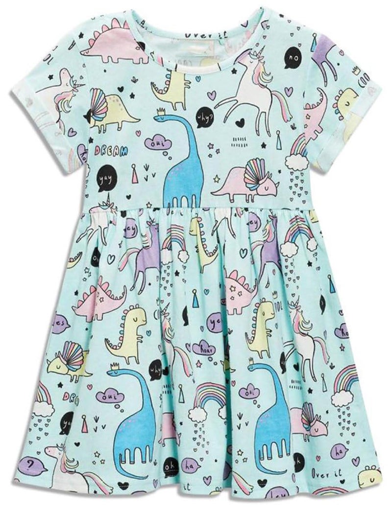 Bumeex Toddler Girl's Dinosaur Summer Dresses Clothes,Short Sleeve Casual Outfits Size 6 Blue - Image 1